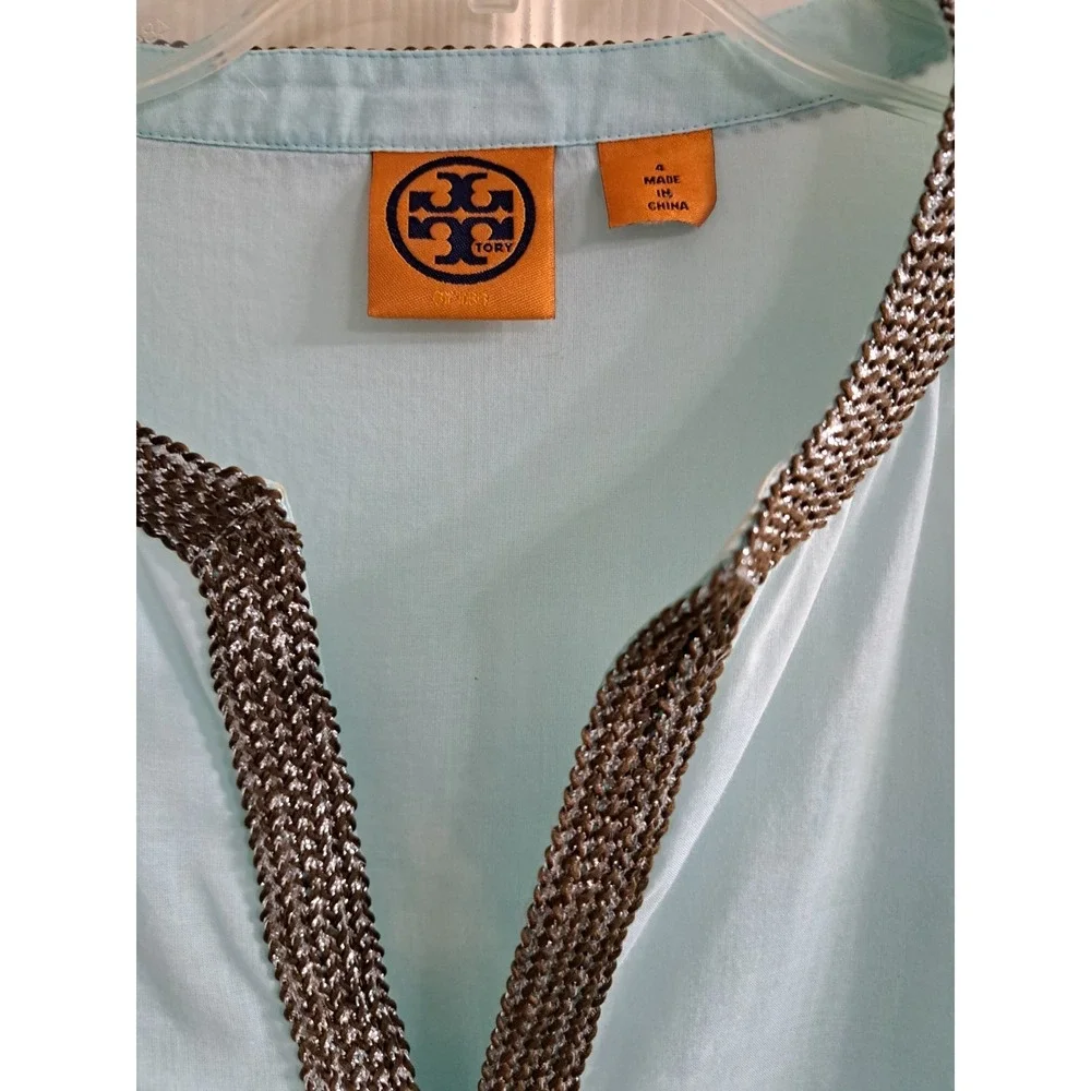 Tory Burch Sky Blue Tunic/Shirt w Brown SilverEmbellishments Size 4. 100% Cotton